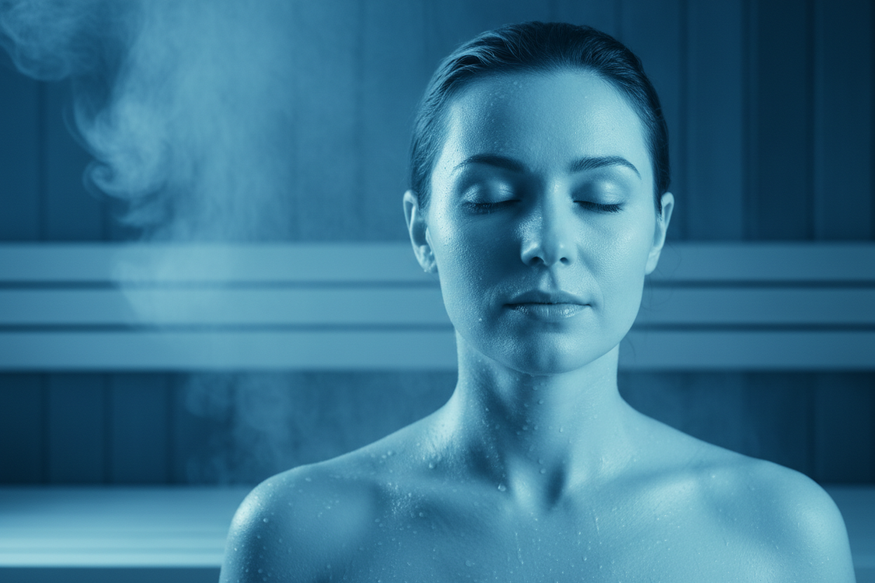 closeup person in sauna in light blue with dark blue background: sauna, sweating, detox, health