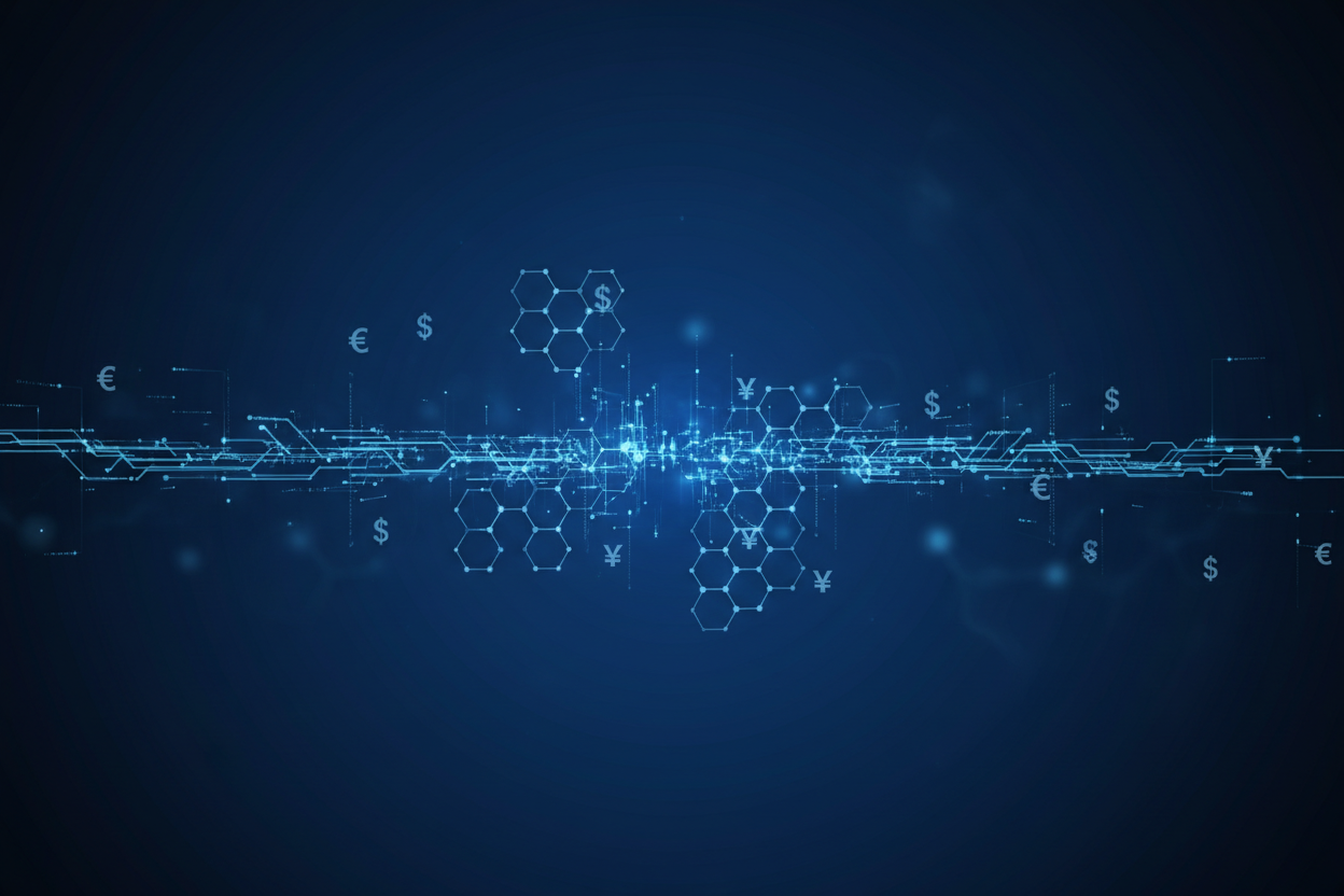 dark blue background, in licht blue tech and molecules with a mix of small dollar, yen and euro signs in the middle. same style and colour to the photo in the middle of the slide