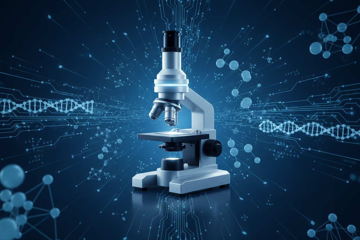 dark blue background, in light blue tech and molecules with a modern microscope in the middle. same style and colour as the photo on the left of the slide