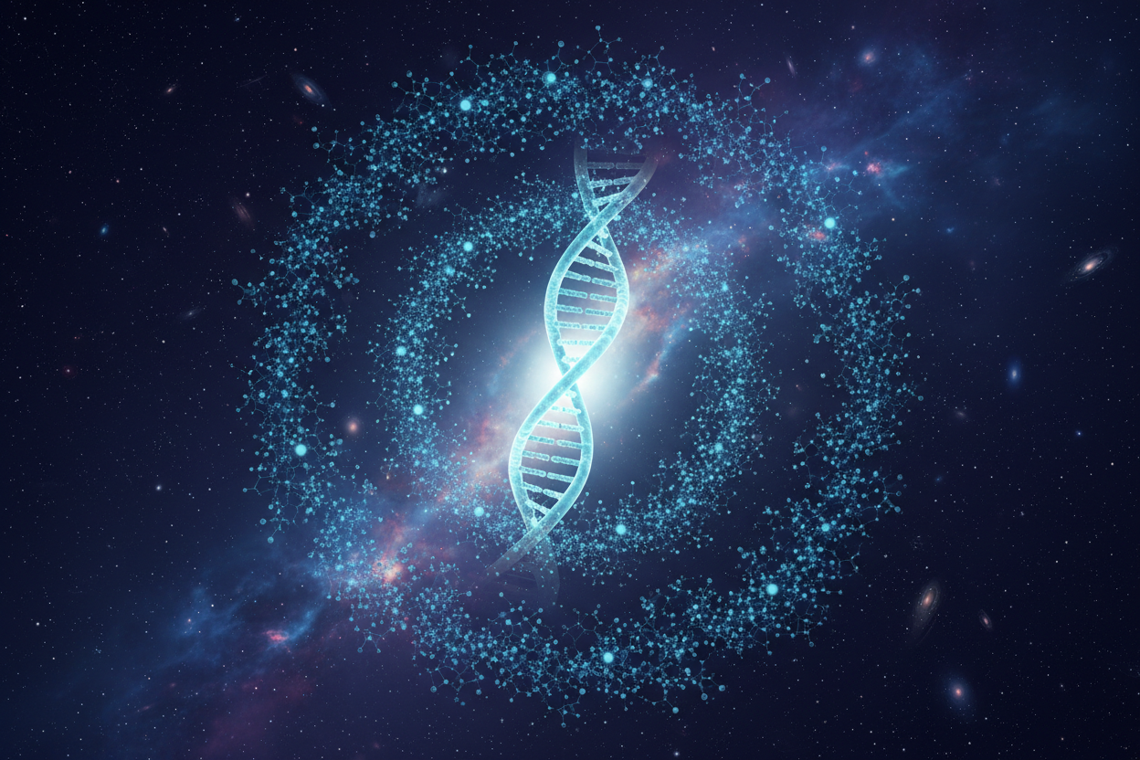 dark blue molecules, positioned like a galaxy, with dna strain in centre