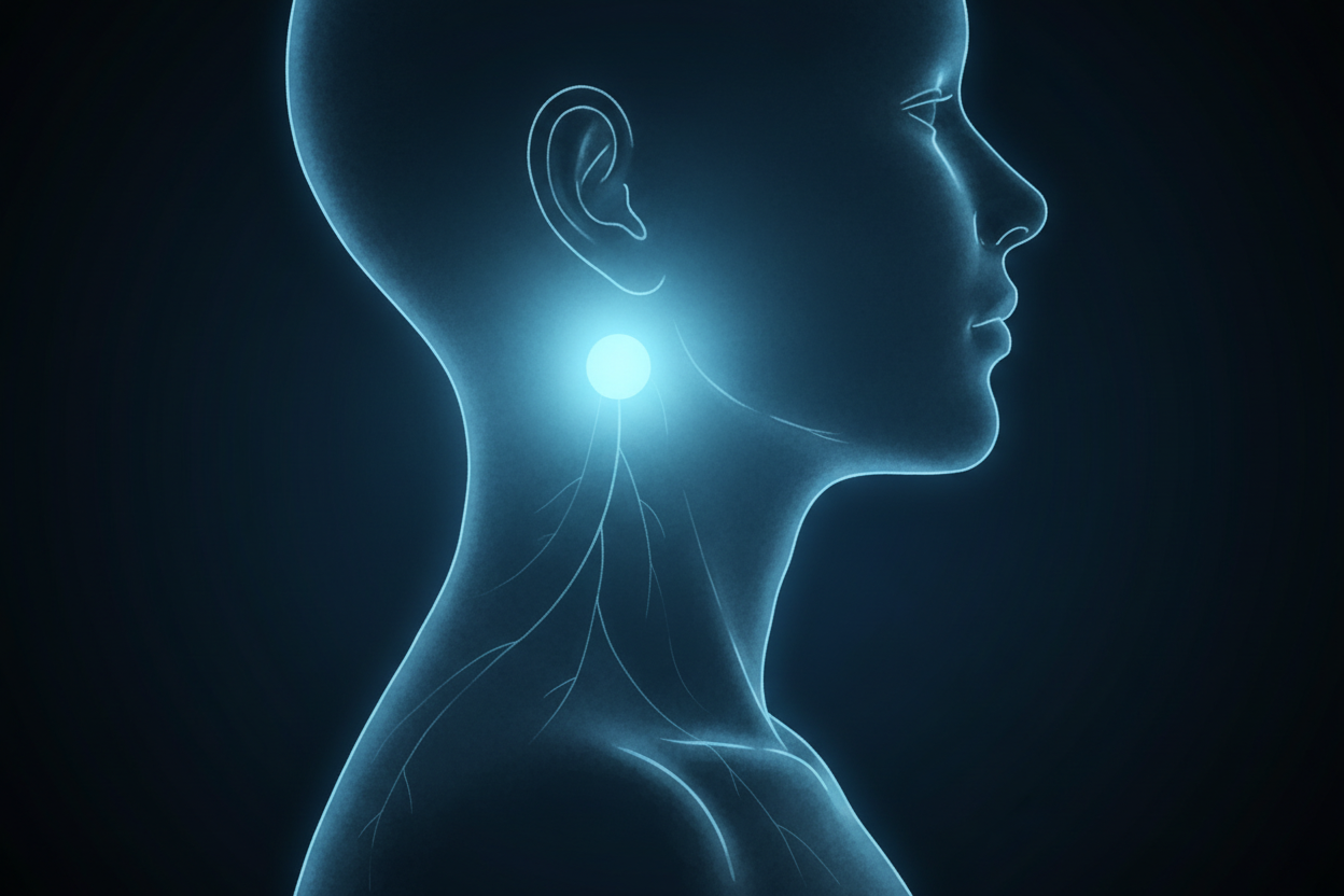 Light with black background, light is light blue, black is dark blue: acupunture point in neck for vagus nerve