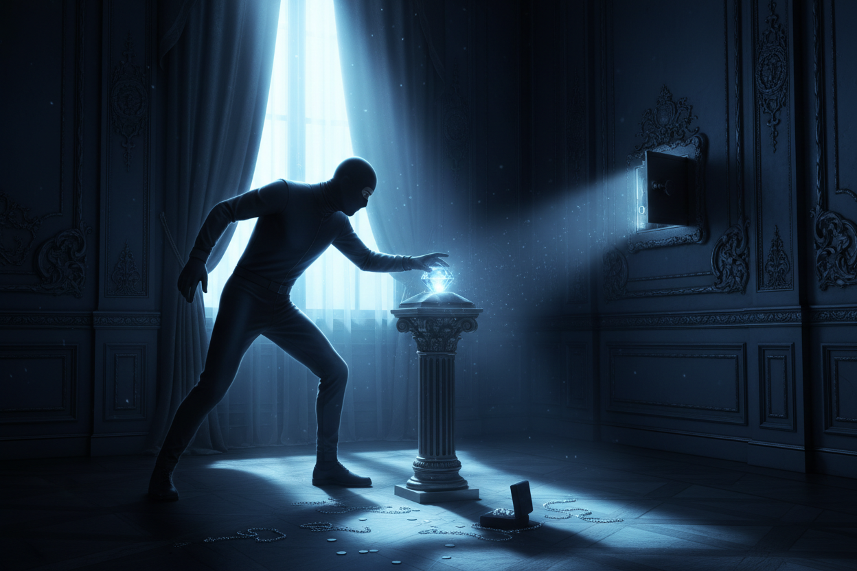 Light with black background, light is light blue, black is dark blue: burglar trying to steal your valuables