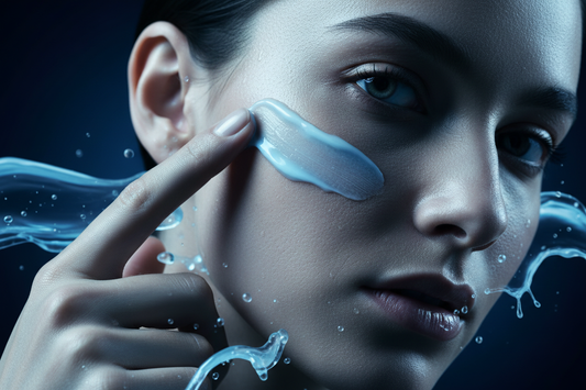 Light with black background, light is light blue, black is dark blue:  close-up face with finger applying skin cream, dynamic