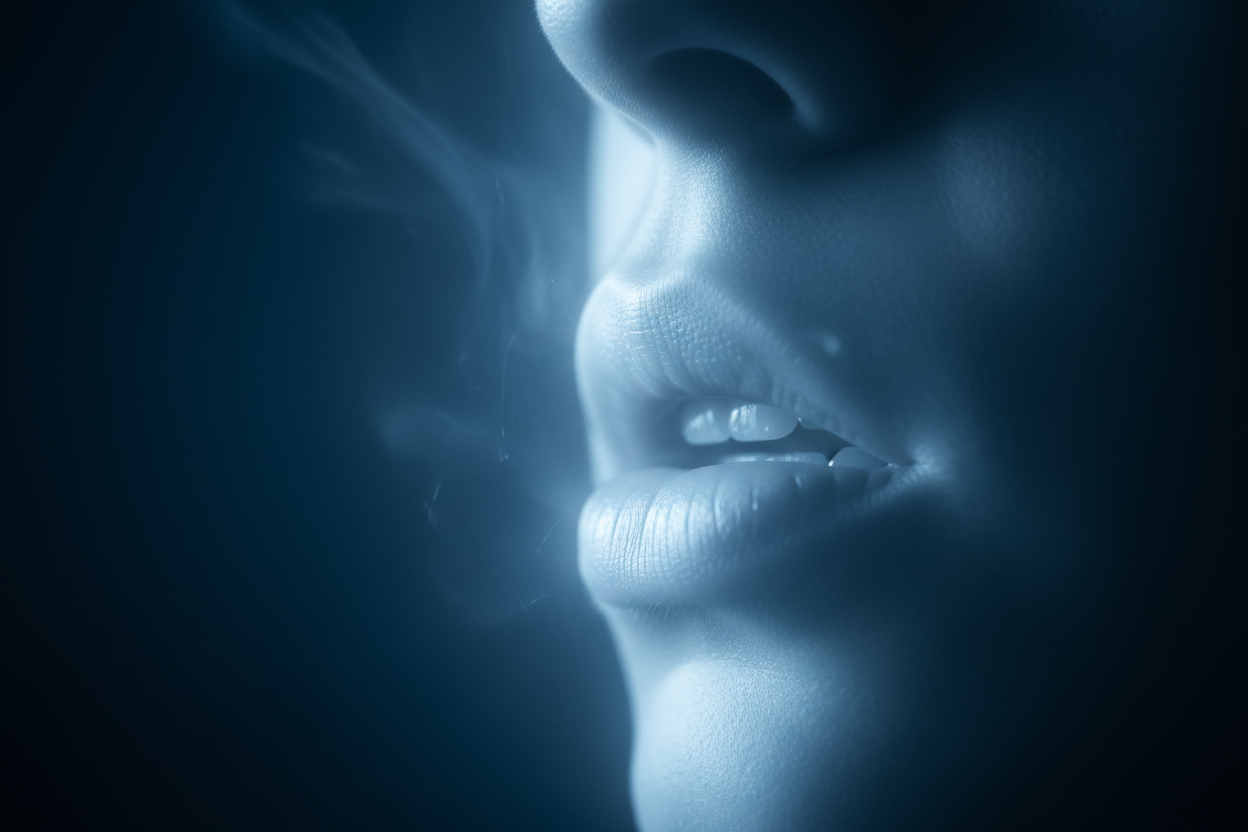 Light with black background, light is light blue, black is dark blue: close-up mouth doing breathing exercises