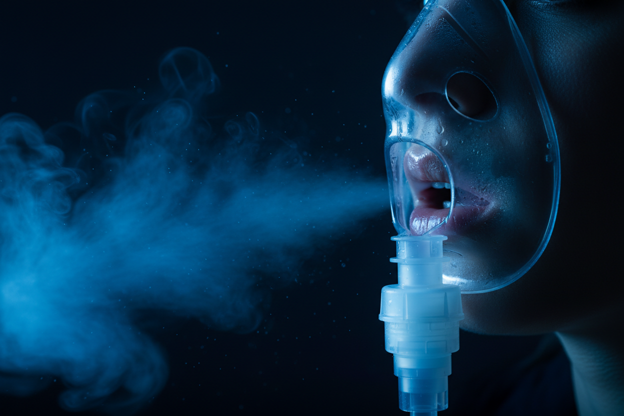 Light with black background, light is light blue, black is dark blue: close-up mouth with nebulizer
