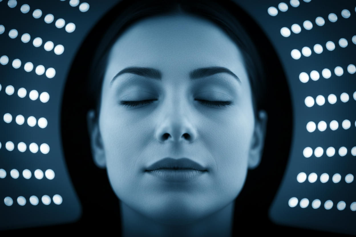 Light with black background. light is light blue, black is dark blue. close-up of a face using a red light panel but keep the image blue