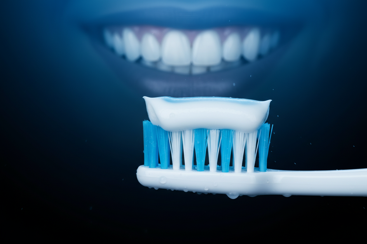Light with black background, light is light blue, black is dark blue. close-up of mouth with beautiful smile next to toothbrush with toothpaste