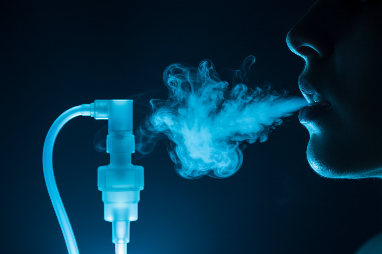 Light with black background, light is light blue, black is dark blue: close up of mouth with smoke next to nebulizer