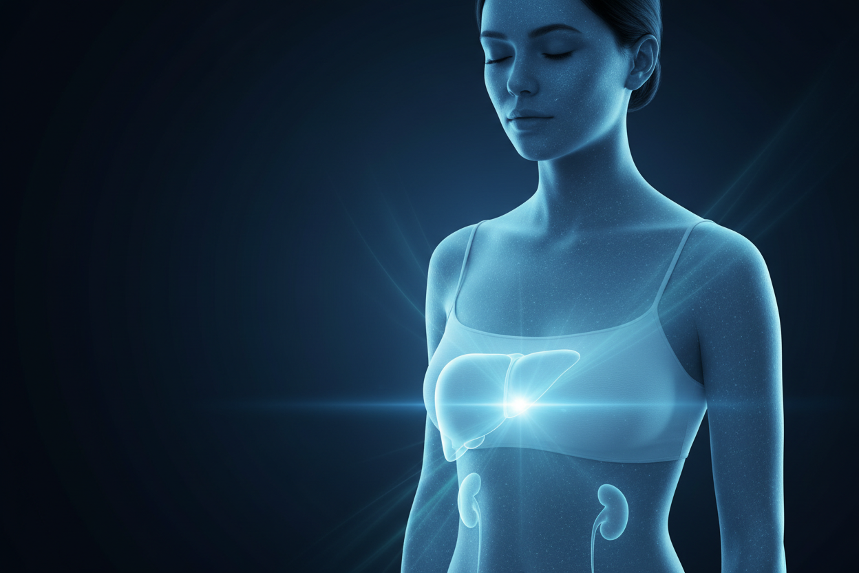 Light with black background. light is light blue, black is dark blue. depicting a close-up of a woman highlighting detox organs like skin, liver, kidneys