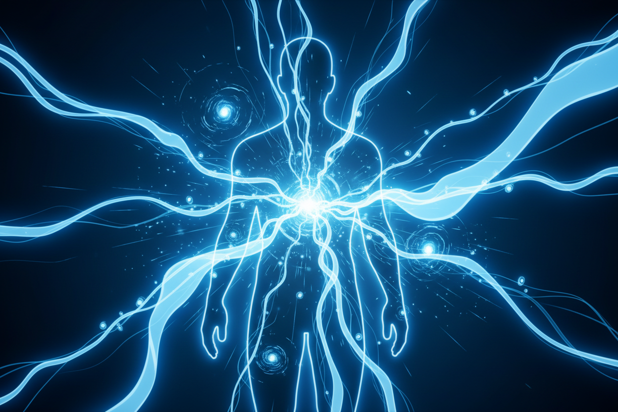 Light with black background, light is light blue, black is dark blue: emf attacking the body