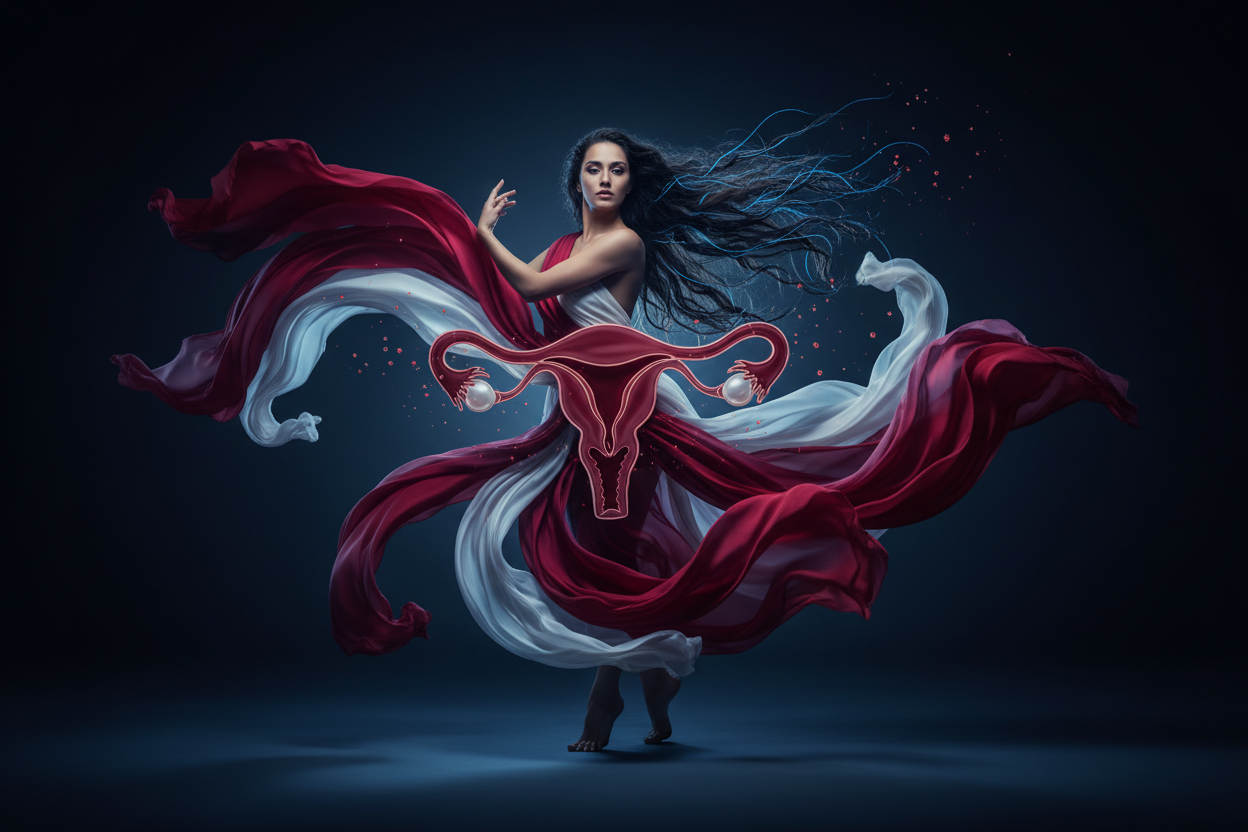 Light with black background, light is light blue, black is dark blue: female period dynamic photo