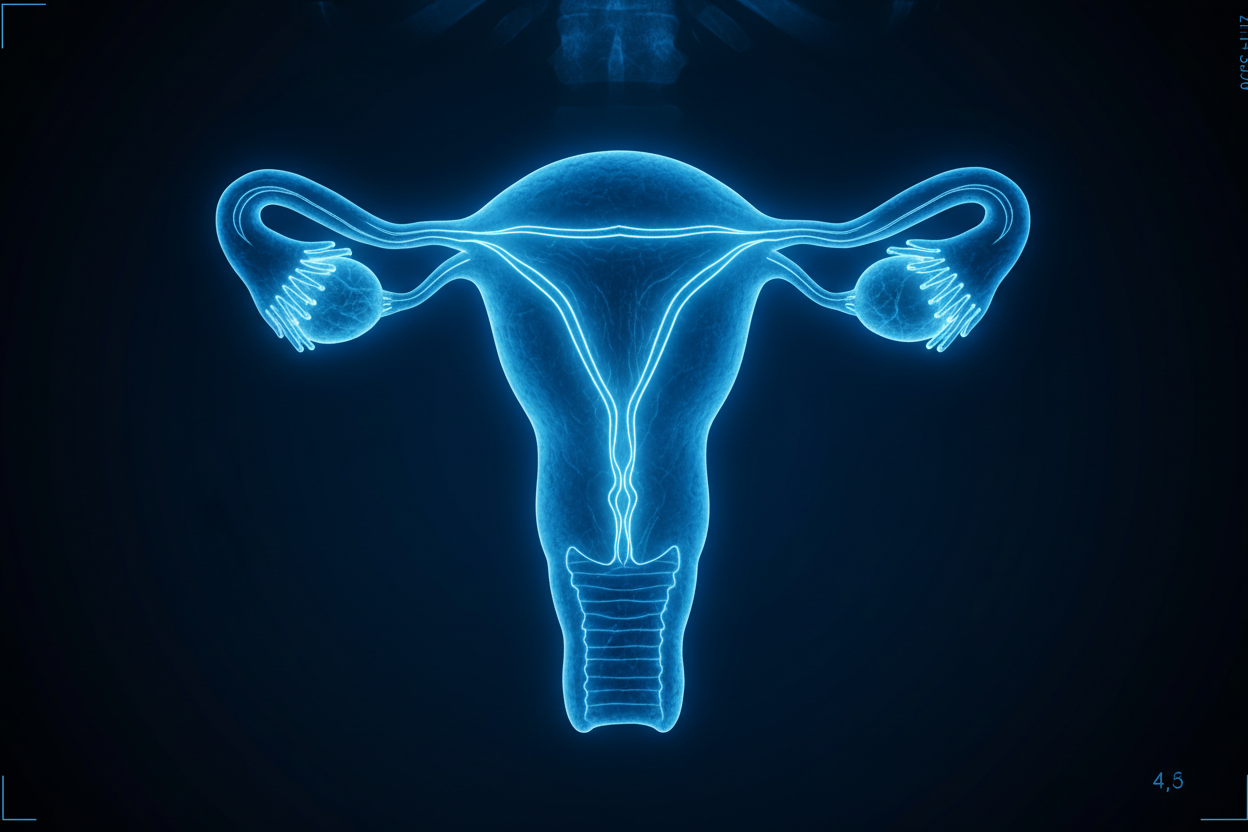 Light with black background, light is light blue, black is dark blue: female reproductive organs x ray