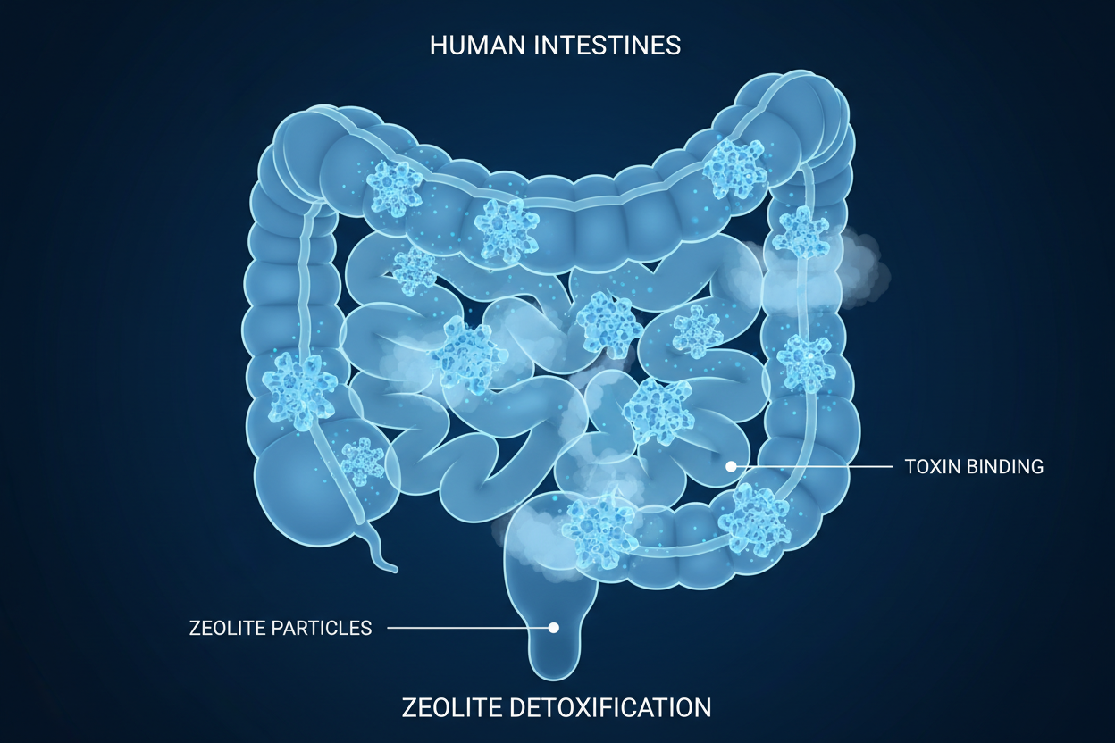 Light with black background. light is light blue, black is dark blue. Intestines with zeolite to help detox 