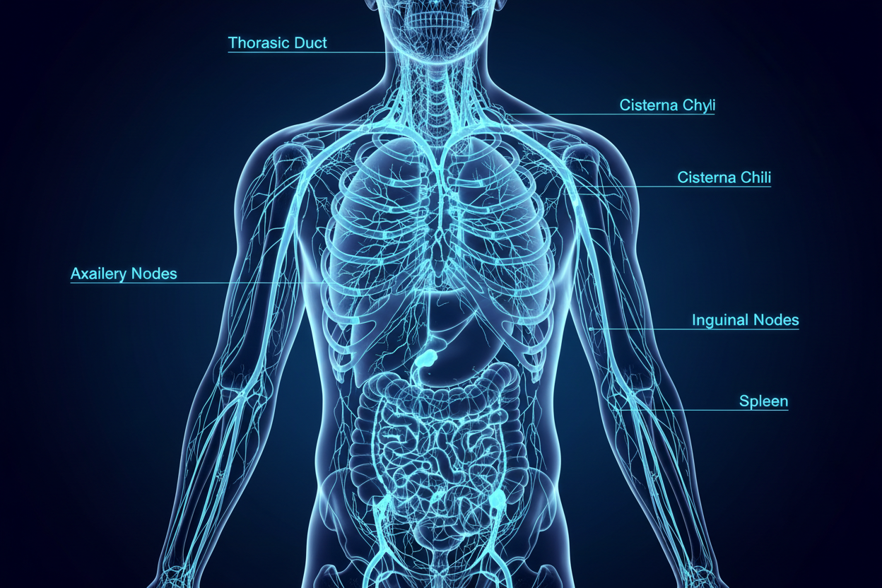 Light with black background, light is light blue, black is dark blue: lymphatic system in the body