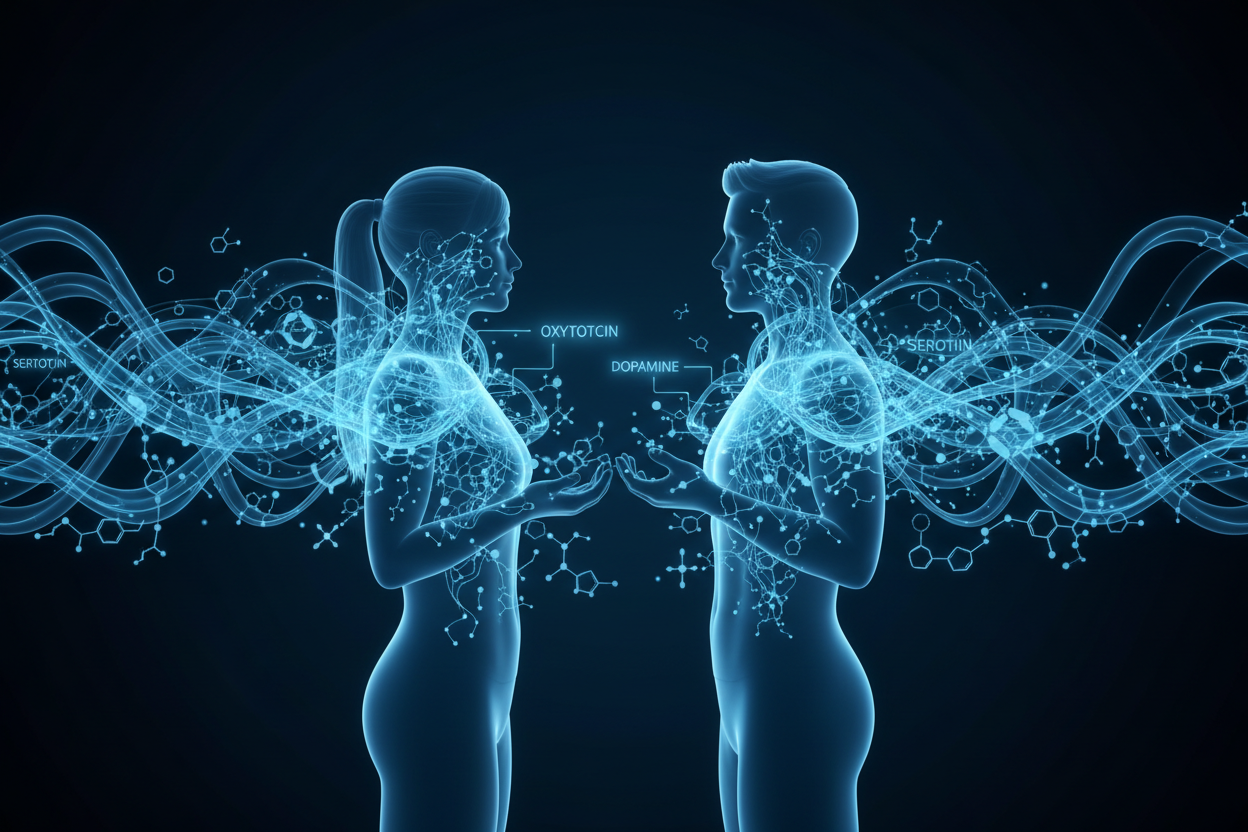 Light with black background, light is light blue, black is dark blue: man and woman linked with chemistry of hormones