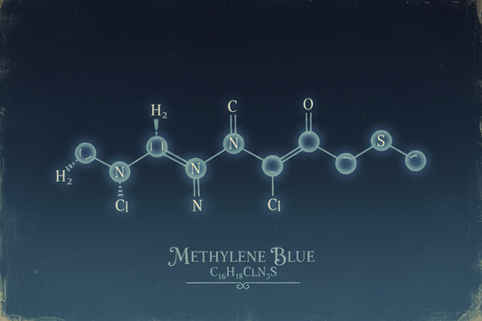 Light with black background, light is light blue, black is dark blue: methylene blue old fashioned molecule sepia blue