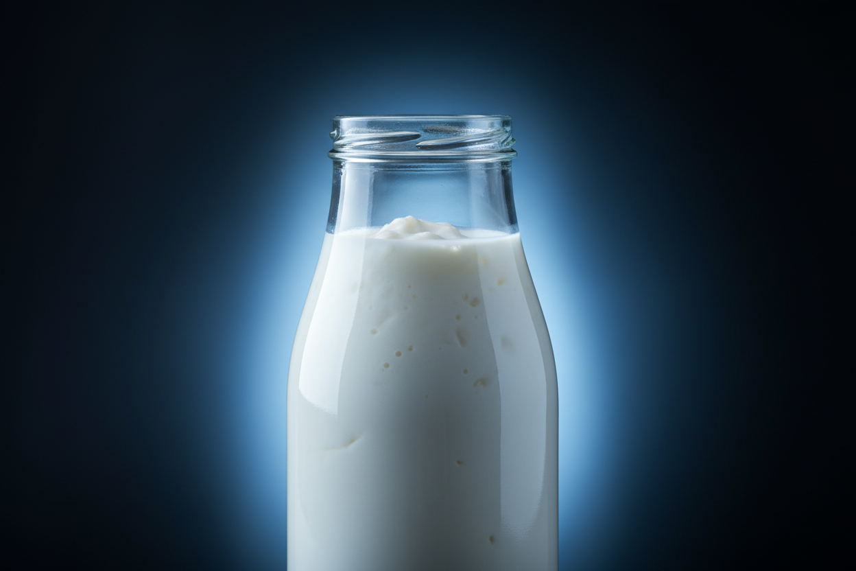 Light with black background, light is light blue, black is dark blue; milk kefir 