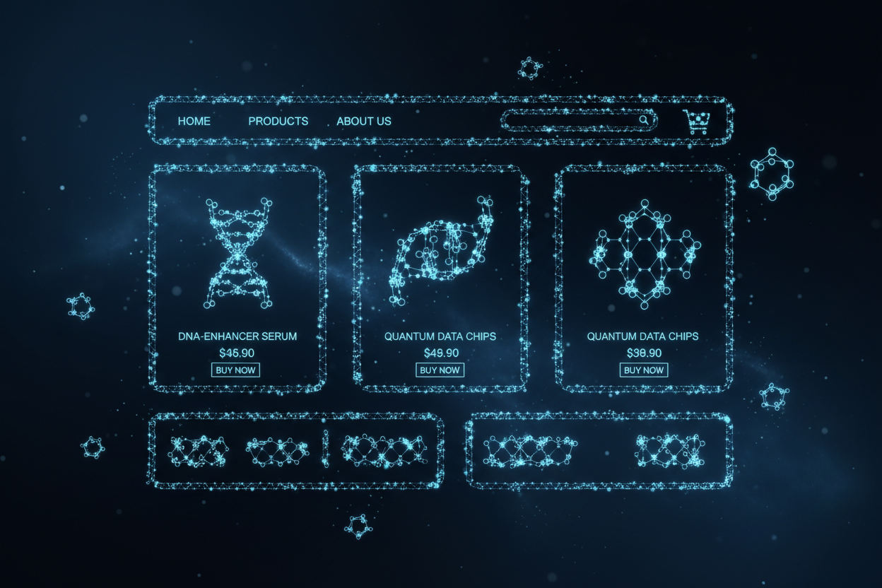 Light with black background, light is light blue, black is dark blue: online shop made out of molecules